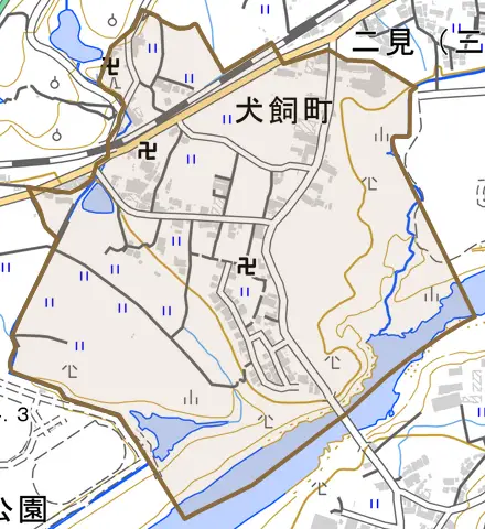 犬飼町とその周辺の地図。町の範囲を重ねている