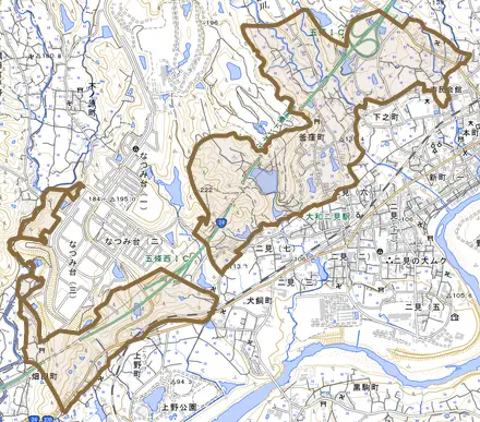 釜窪町とその周辺の地図。町の範囲を重ねている