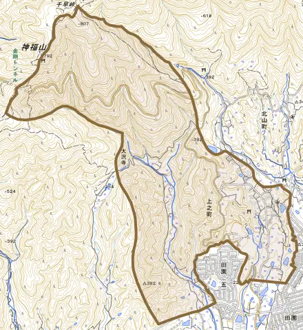 上之町とその周辺の地図。町の範囲を重ねている