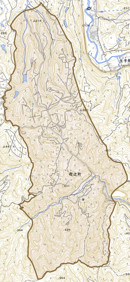 樫辻町とその周辺の地図。町の範囲を重ねている