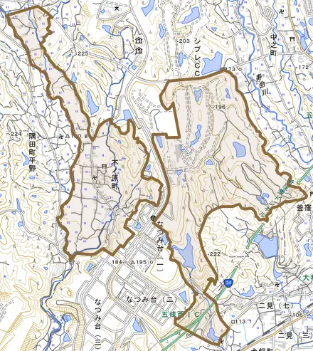木ノ原町とその周辺の地図。町の範囲を重ねている