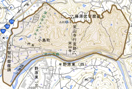 小島町とその周辺の地図。町の範囲を重ねている