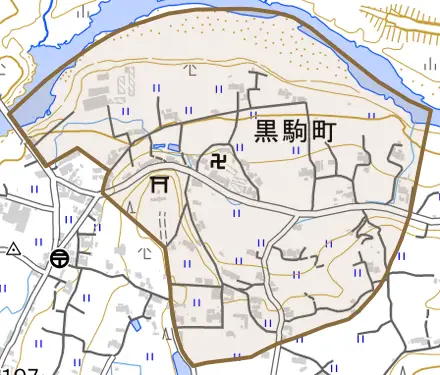黒駒町とその周辺の地図。町の範囲を重ねている