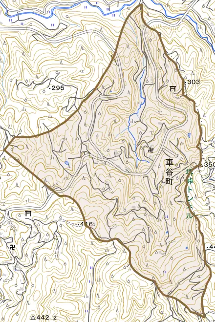 車谷町とその周辺の地図。町の範囲を重ねている
