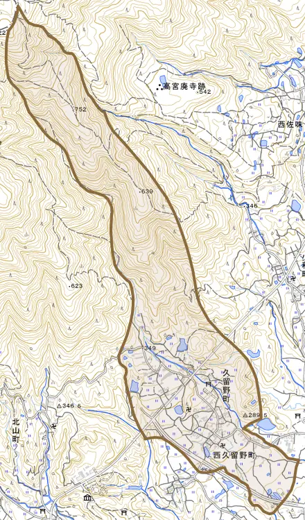 久留野町とその周辺の地図。町の範囲を重ねている