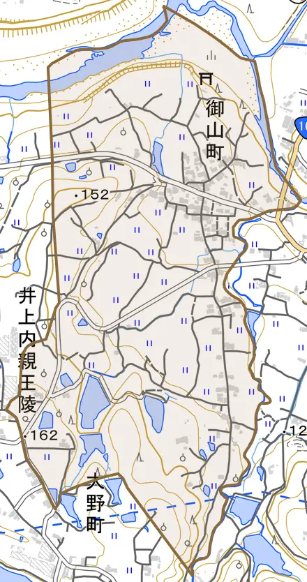 御山町とその周辺の地図。町の範囲を重ねている