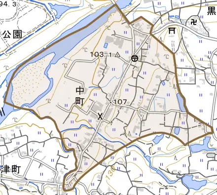 中町とその周辺の地図。町の範囲を重ねている