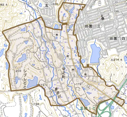 中之町とその周辺の地図。町の範囲を重ねている