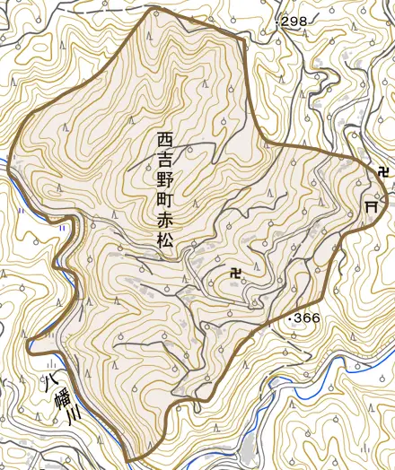 西吉野町赤松とその周辺の地図。町の範囲を重ねている
