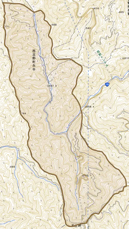 西吉野町永谷とその周辺の地図。町の範囲を重ねている