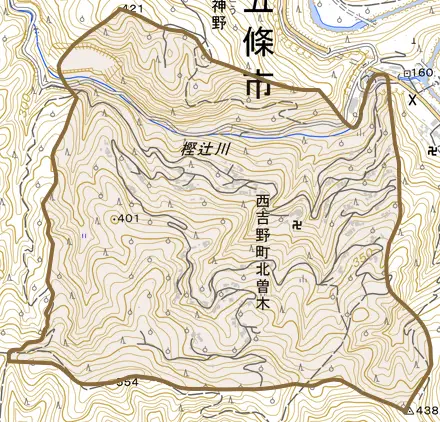 西吉野町北曽木とその周辺の地図。町の範囲を重ねている
