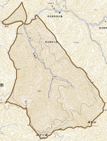 西吉野町川股とその周辺の地図。町の範囲を重ねている