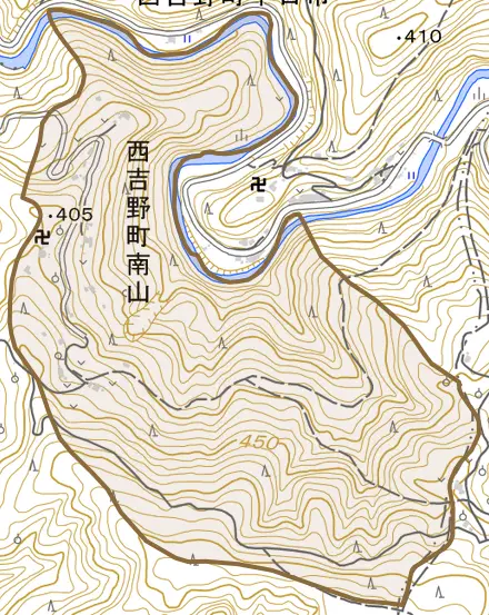 西吉野町南山とその周辺の地図。町の範囲を重ねている