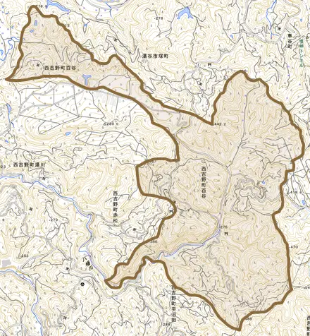 西吉野町百谷とその周辺の地図。町の範囲を重ねている