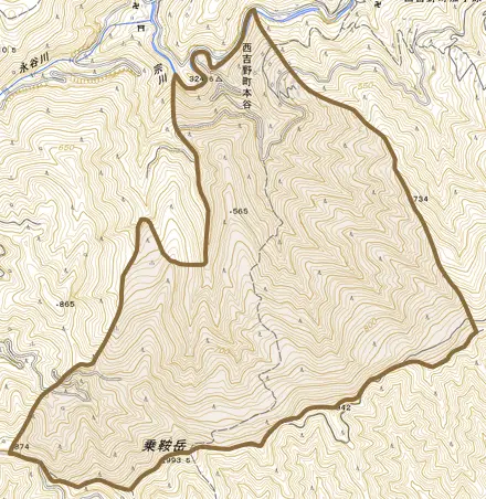 西吉野町本谷とその周辺の地図。町の範囲を重ねている