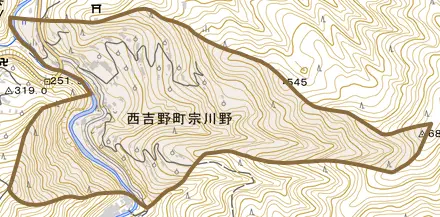 西吉野町宗川野とその周辺の地図。町の範囲を重ねている