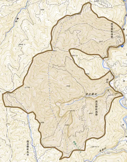 西吉野町西野とその周辺の地図。町の範囲を重ねている