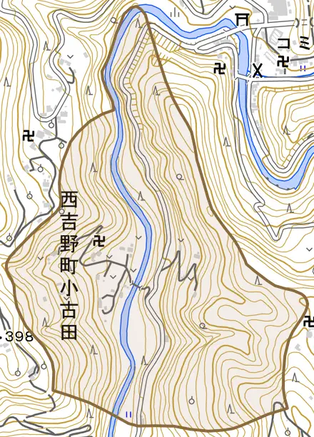西吉野町小古田とその周辺の地図。町の範囲を重ねている
