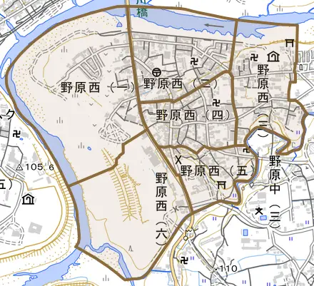 野原西とその周辺の地図。町の範囲を重ねている