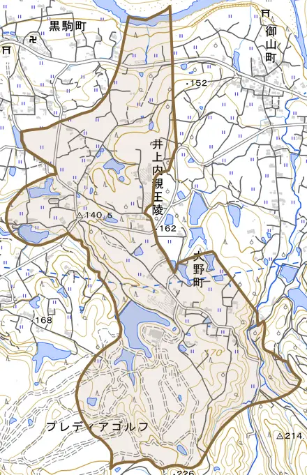 大野町とその周辺の地図。町の範囲を重ねている