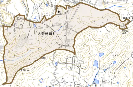 大野新田町とその周辺の地図。町の範囲を重ねている