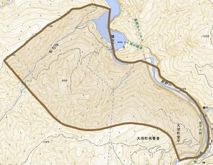 大塔町堂平とその周辺の地図。町の範囲を重ねている