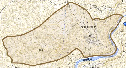 大塔町引土とその周辺の地図。町の範囲を重ねている