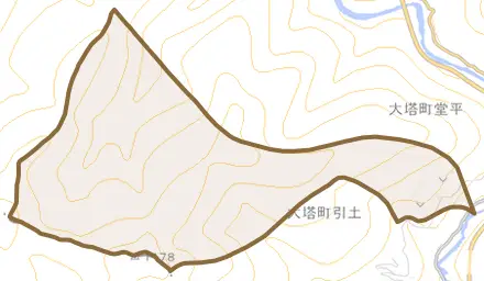 大塔町飛養曽とその周辺の地図。町の範囲を重ねている