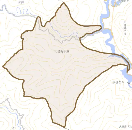 大塔町中原とその周辺の地図。町の範囲を重ねている