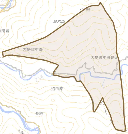 大塔町中井傍示とその周辺の地図。町の範囲を重ねている