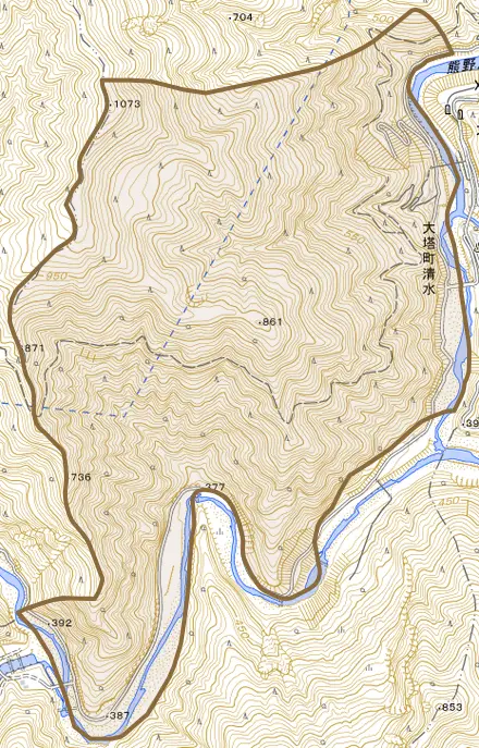 大塔町清水とその周辺の地図。町の範囲を重ねている