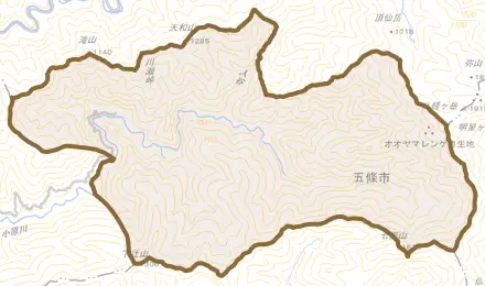 大塔町篠原とその周辺の地図。町の範囲を重ねている