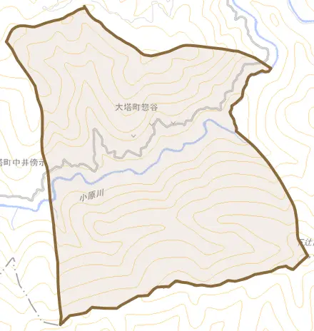大塔町惣谷とその周辺の地図。町の範囲を重ねている