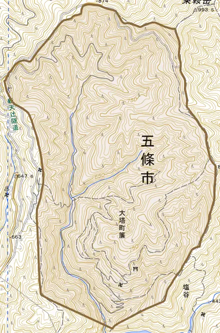 大塔町簾とその周辺の地図。町の範囲を重ねている
