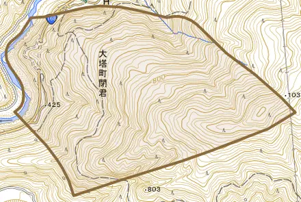 大塔町閉君とその周辺の地図。町の範囲を重ねている