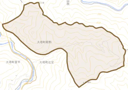 大塔町殿野とその周辺の地図。町の範囲を重ねている