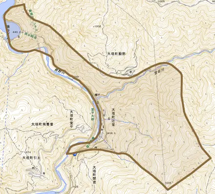 大塔町辻堂とその周辺の地図。町の範囲を重ねている
