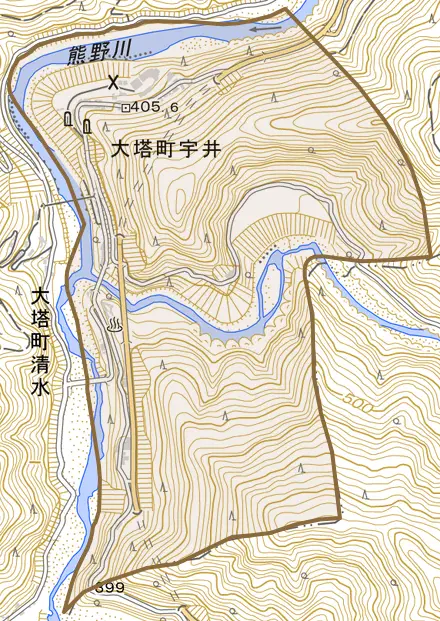 大塔町宇井とその周辺の地図。町の範囲を重ねている