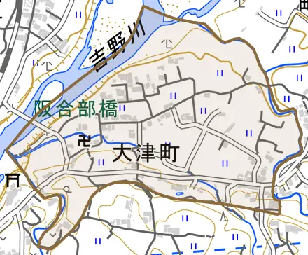 大津町とその周辺の地図。町の範囲を重ねている
