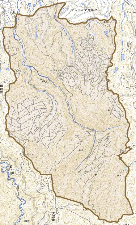 阪合部新田町とその周辺の地図。町の範囲を重ねている
