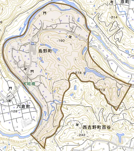 島野町とその周辺の地図。町の範囲を重ねている