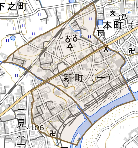 新町とその周辺の地図。町の範囲を重ねている