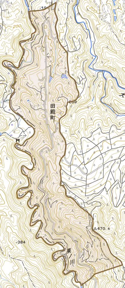 田殿町とその周辺の地図。町の範囲を重ねている