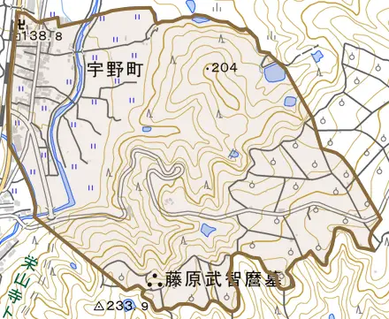 宇野町とその周辺の地図。町の範囲を重ねている
