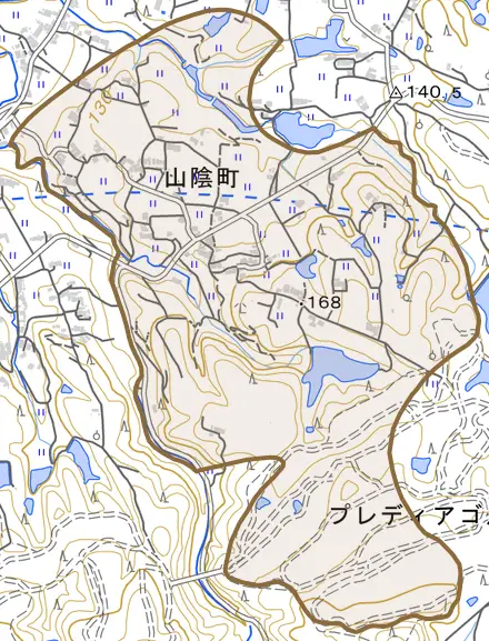 山陰町とその周辺の地図。町の範囲を重ねている