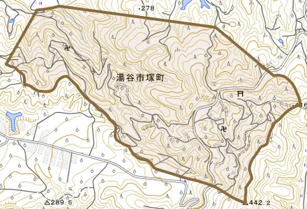 湯谷市塚町とその周辺の地図。町の範囲を重ねている