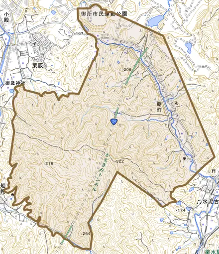 大字朝町とその周辺の地図。町の範囲を重ねている