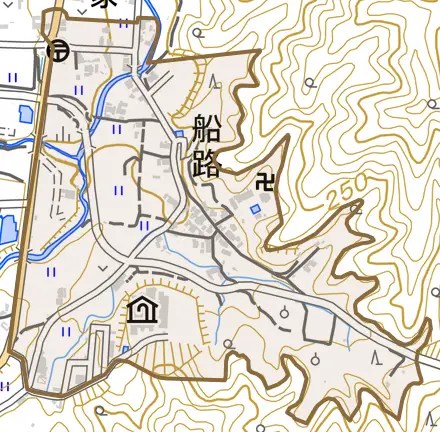 大字船路とその周辺の地図。町の範囲を重ねている