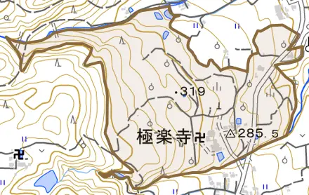 大字極楽寺とその周辺の地図。町の範囲を重ねている