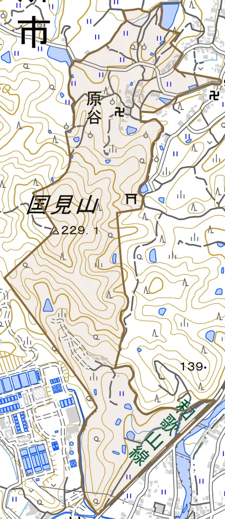 大字原谷とその周辺の地図。町の範囲を重ねている